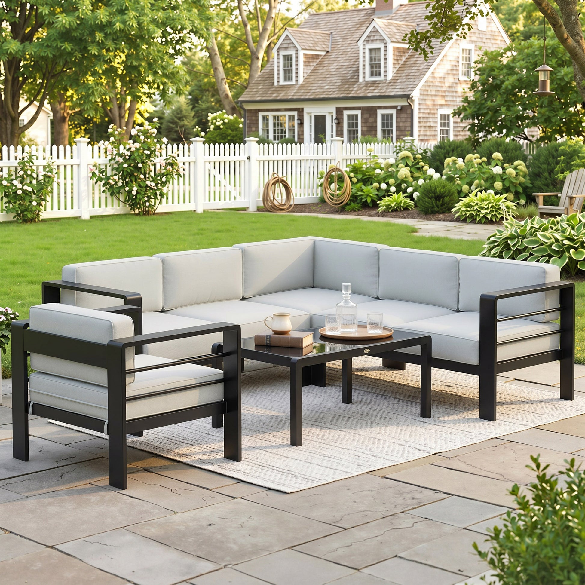 Outsunny 5-Piece Garden Corner Sofa Set with Cushions, 6 Seater Aluminium Garden Furniture Set with Coffee Table, Light Grey
