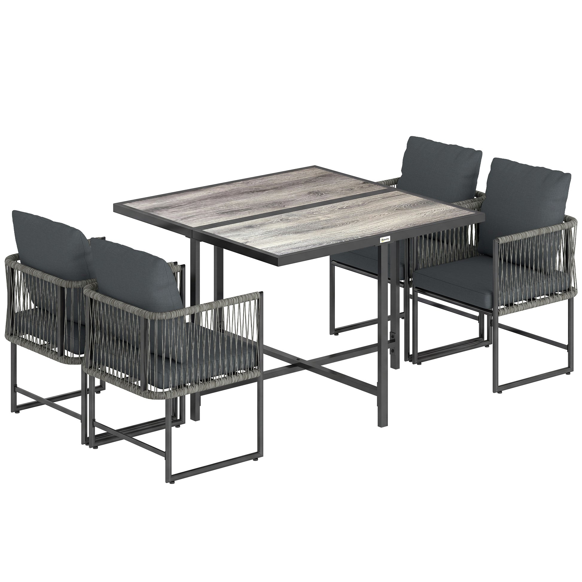 Outsunny 4-Seater Garden Dining Set, Rattan Outdoor Furniture with Space-Saving Chairs and Thick Cushions for Patio Balcony, Black