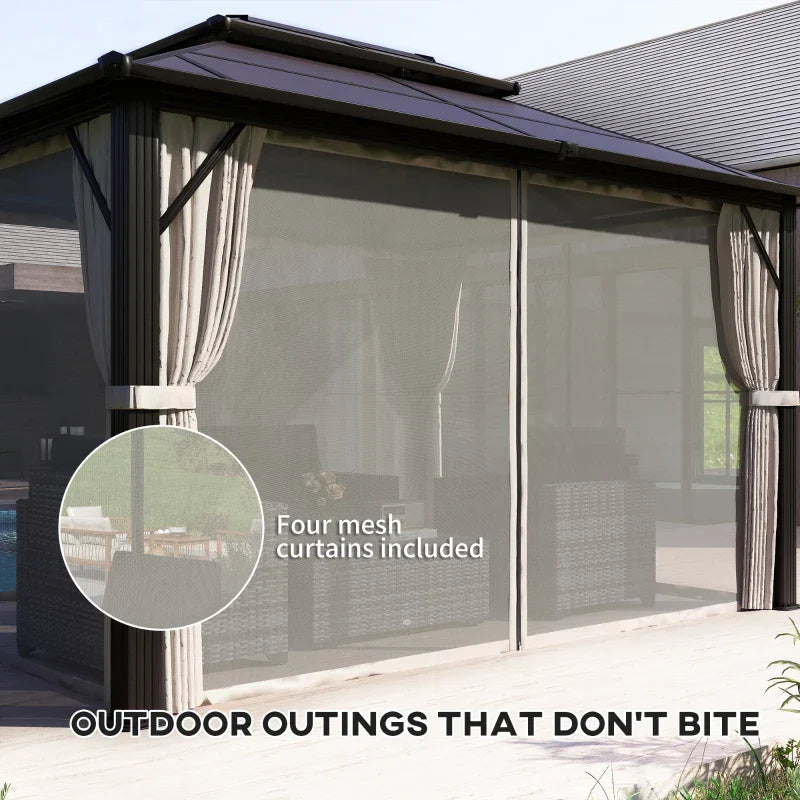 4m x 3m Beige Permanent Hardtop Gazebo – UPF30+ Polycarbonate Double Roof Pavilion with Aluminium Frame, Curtains & Mosquito Netting for Garden, Patio & Deck