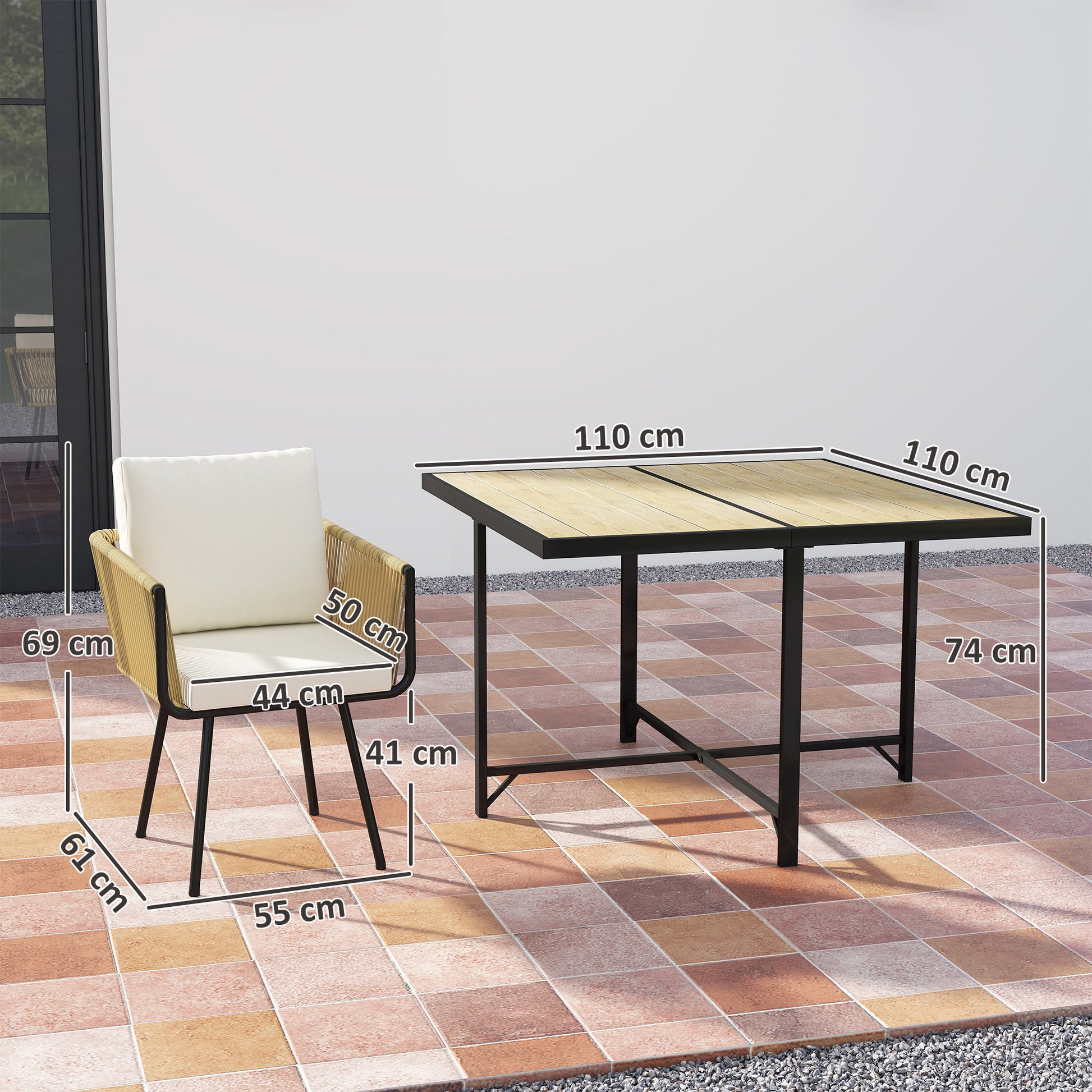 Outsunny 5 Piece Garden Furniture Set, Garden Dining Set with Wood-Plastic Table and 4 Armchairs, Beige