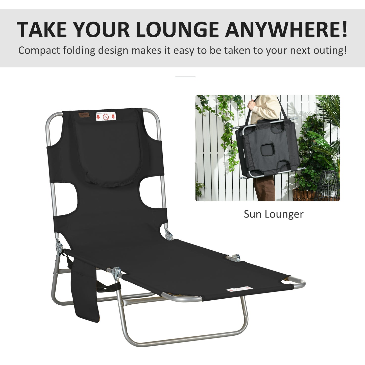 Outsunny Foldable Sun Lounger, Beach Chaise Lounge with Reading Hole, Arm Slots, 5-Position Adjustable Backrest, Side Pocket, Pillow for Garden, Beach, Camping, Black