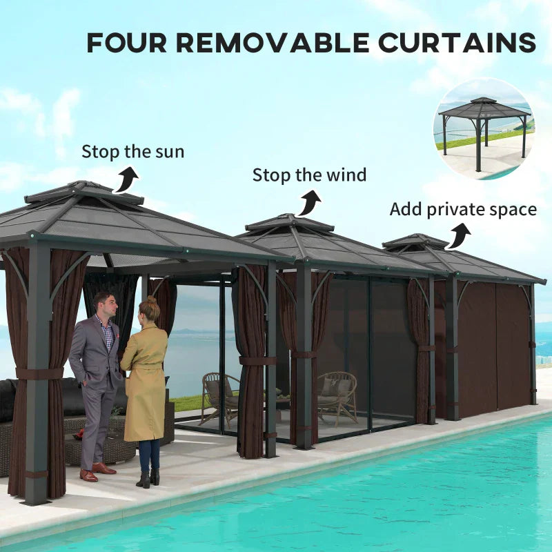 3x3m Brown Permanent Hardtop Gazebo Pavilion – 7mm Polycarbonate Double Roof Garden Shelter with Curtains & Insect Netting