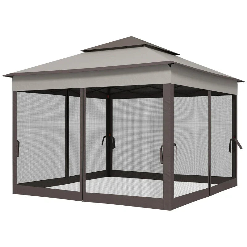 3.25m x 3.25m Brown & Grey Pop – Up Garden Gazebo – Double Tier Roof Metal Frame Pavilion with Mesh Curtains, Carry Bag & Outdoor Event Shelter