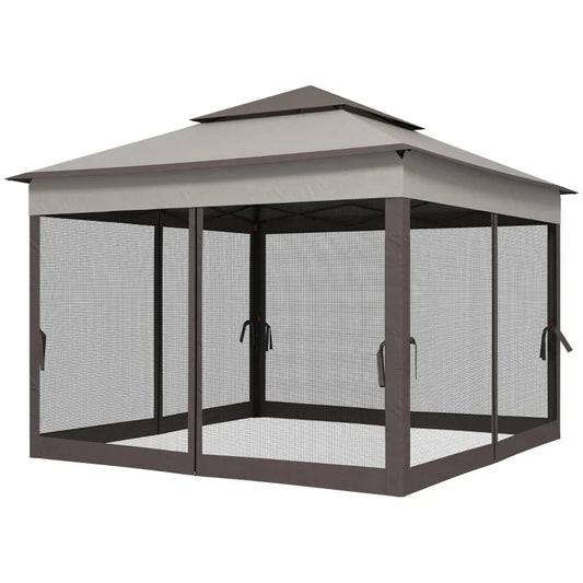 3.25m x 3.25m Brown & Grey Pop – Up Garden Gazebo – Double Tier Roof Metal Frame Pavilion with Mesh Curtains, Carry Bag & Outdoor Event Shelter