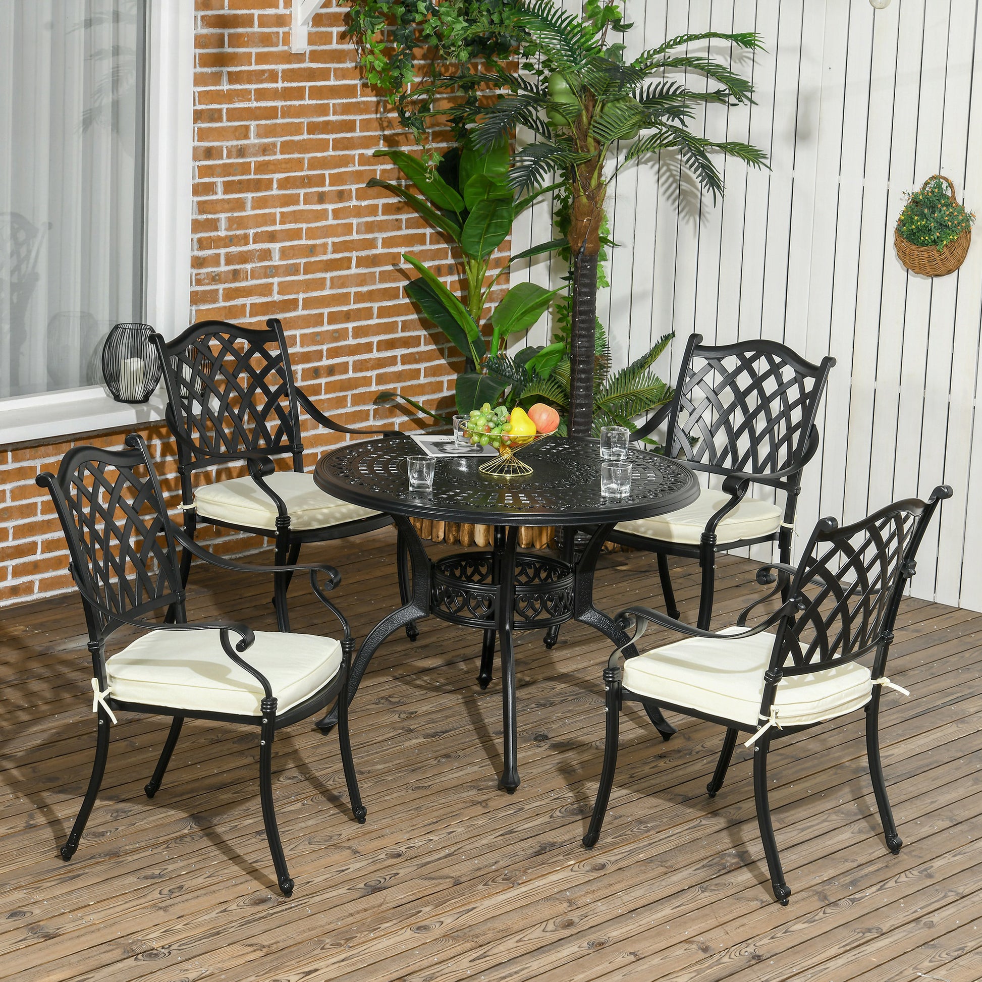 Ibiza Cast Aluminium 4 Seater Garden Dining Set with Cushions Parasol Hole Black