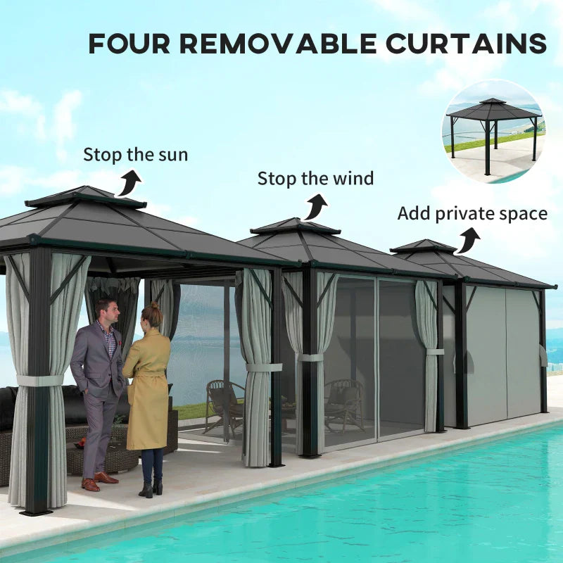 Grey 3m x 3m Permanent Hardtop Gazebo with UPF30+ Polycarbonate Roof, Aluminium Frame, Curtains & Mosquito Netting