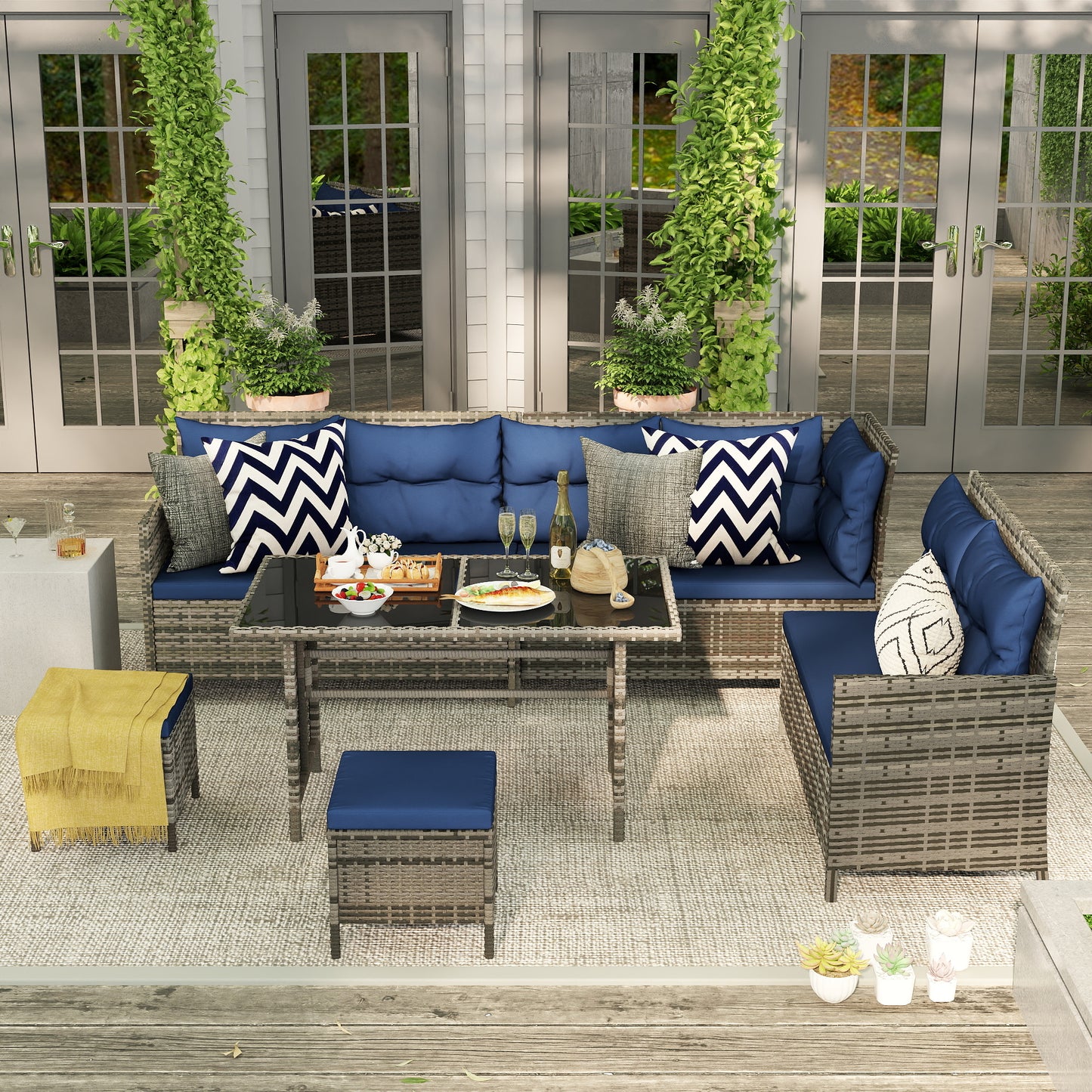 Tivoli 7-Seater Patio wicker Sofa Set Rattan Chair Furniture w/ Glass & Cushioned, Dark Blue