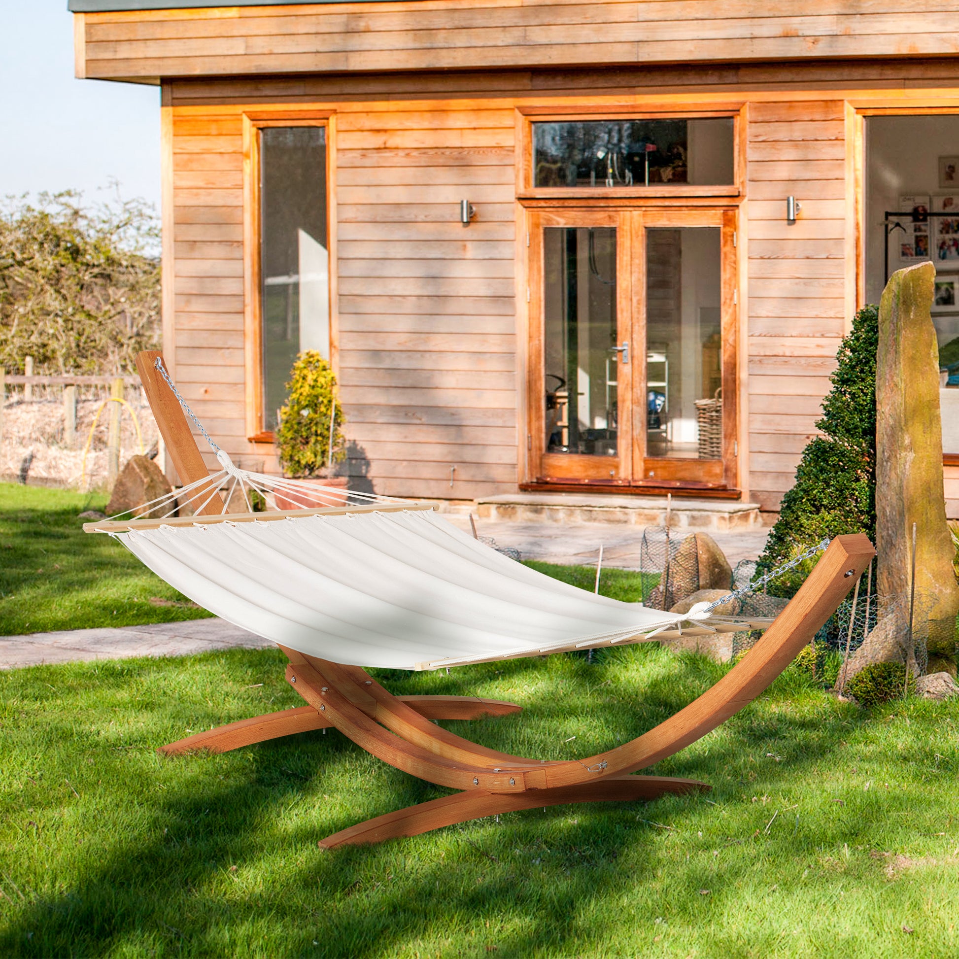 Ibiza Garden Hammock with Wooden Stand Swing Hanging Bed for Patio White
