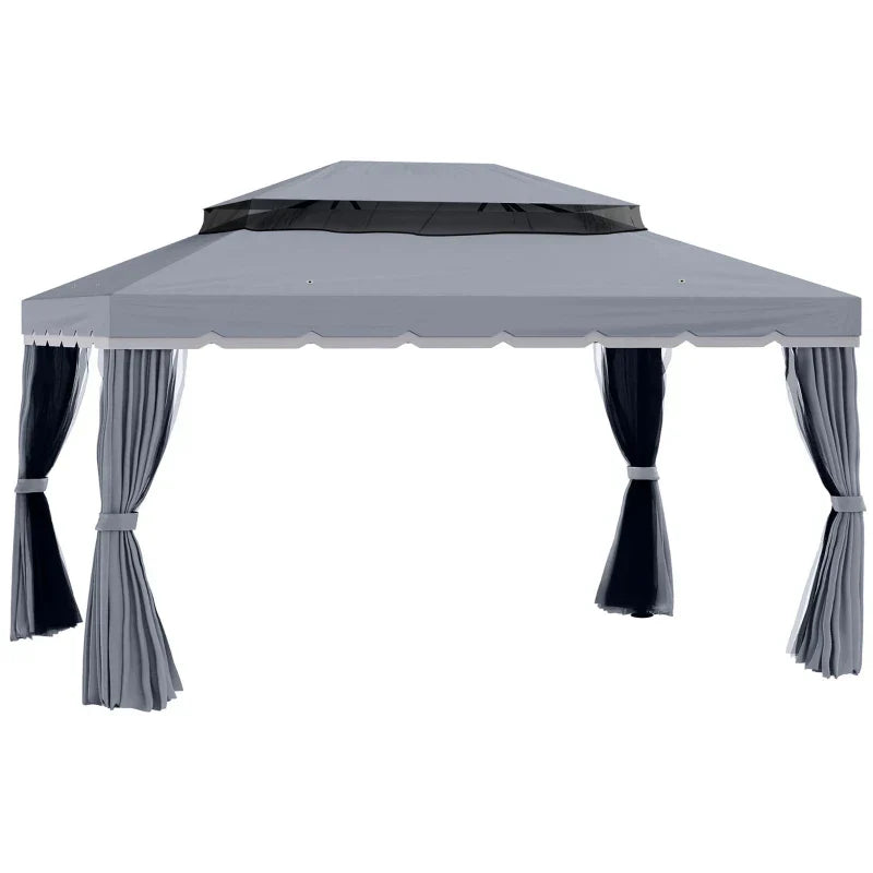 3.9m x 2.9m Dark Grey Aluminium Garden Pavilion – Double Roof Gazebo Canopy with Privacy Curtains, Insect Mesh Netting & Party Shelter Tent