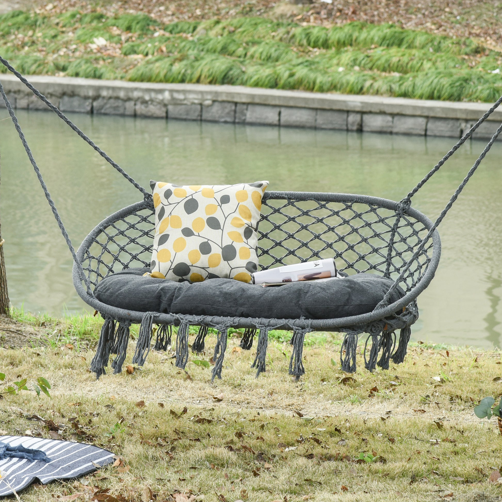 Verona Two-Seater Boho Macrame Hammock Swing - Grey