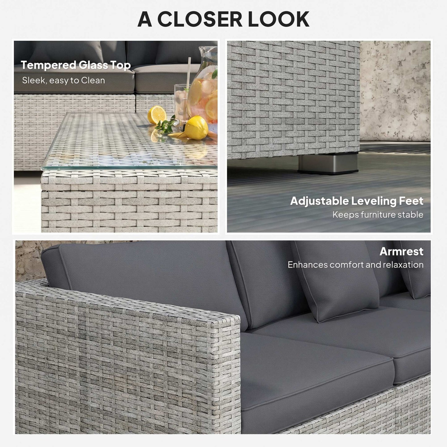 Outsunny 6 Pieces Rattan Corner Sofa Set - Mixed Grey