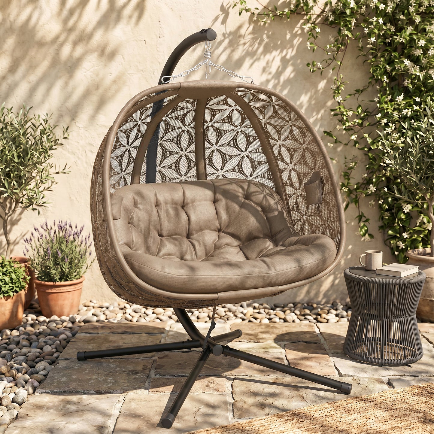 Riviera Outdoor Double Hanging Chair with Cushion and Cup Holders, Sand Brown