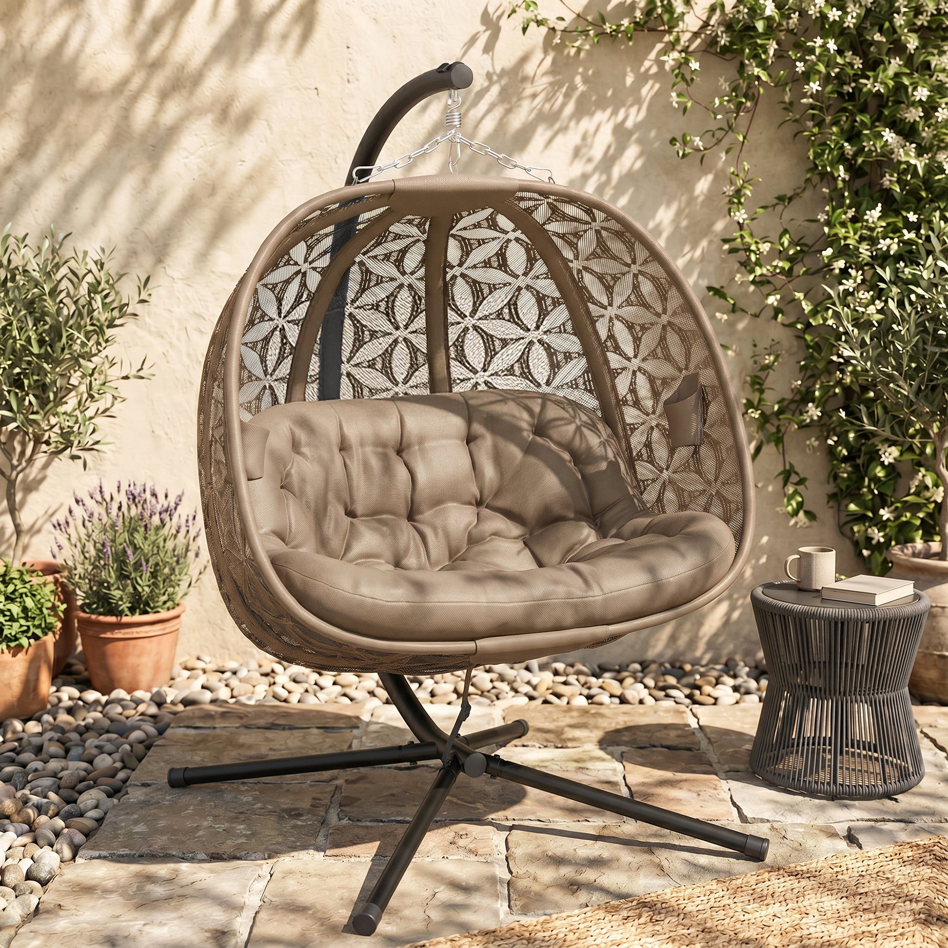 Riviera Outdoor Double Hanging Chair with Cushion and Cup Holders, Sand Brown