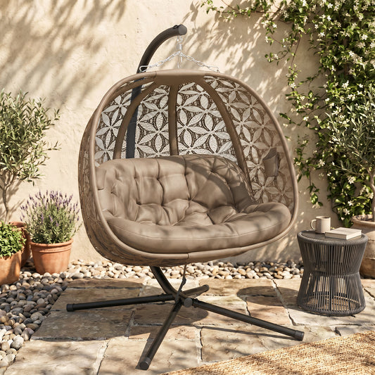 Riviera Outdoor Double Hanging Chair with Cushion and Cup Holders, Sand Brown