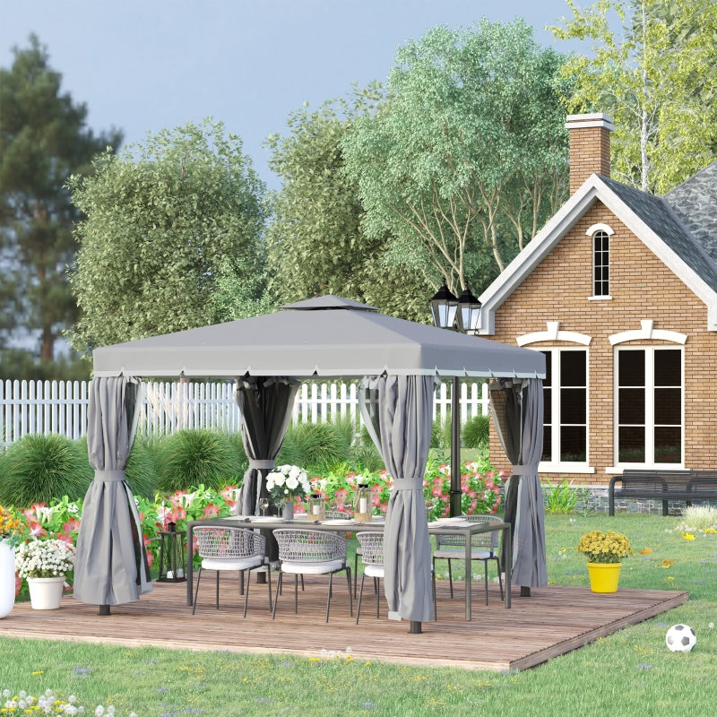 Grey 3x3m Garden Gazebo Pavilion with Aluminium Frame, Double – Tier Canopy, Curtains & Removable Insect Netting