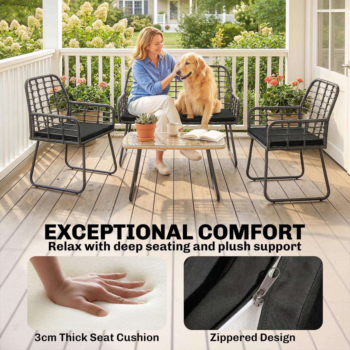 Outsunny 4 Piece Rattan Garden Furniture Set, Outdoor Patio Furniture with Loveseat, Armchairs and Coffee Table