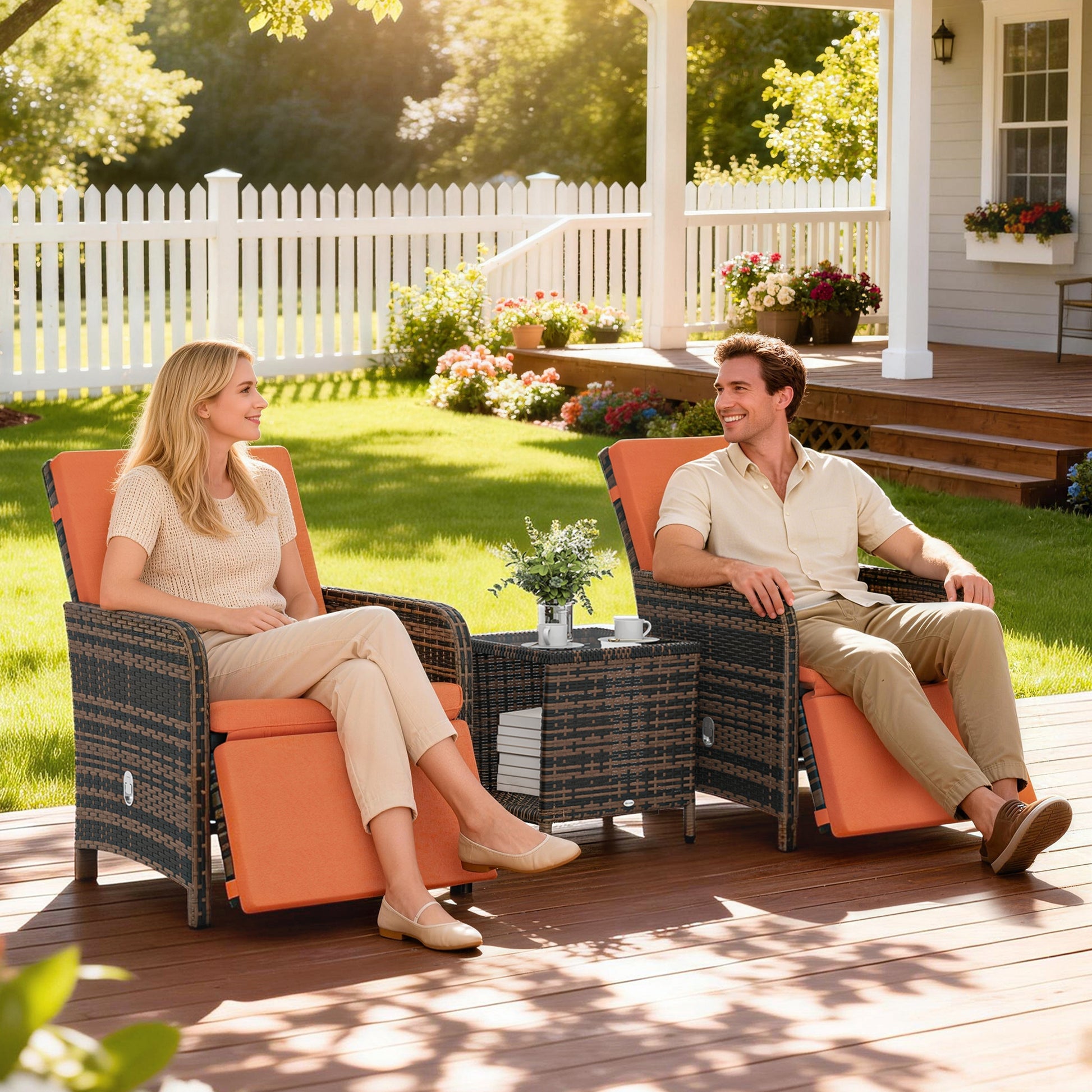 Verona 3 Piece Rattan Bistro Set Balcony Furniture with Cushions, Storage Function - Orange