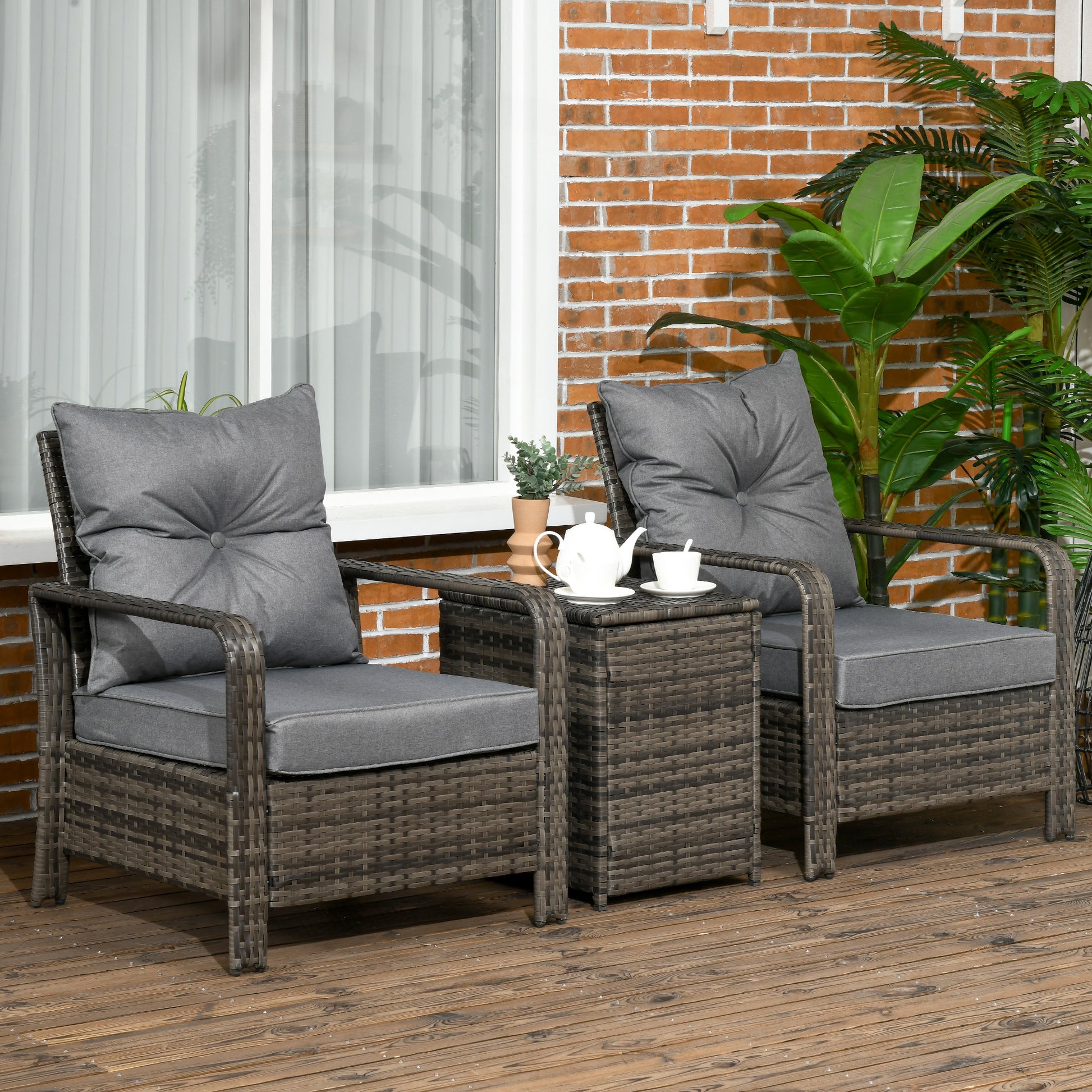 Capri 3 Piece Rattan Bistro Set, Wicker Garden Furniture Set with Storage Coffee Table and Chairs