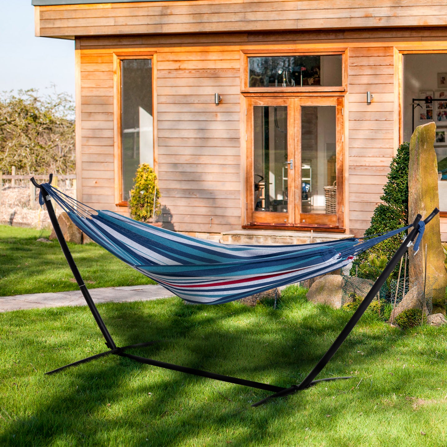 298 x 117cm Hammock with Stand Camping Hammock with Portable Carrying Bag, Adjustable Height, 120kg Load Capacity, Blue and White Stripe
