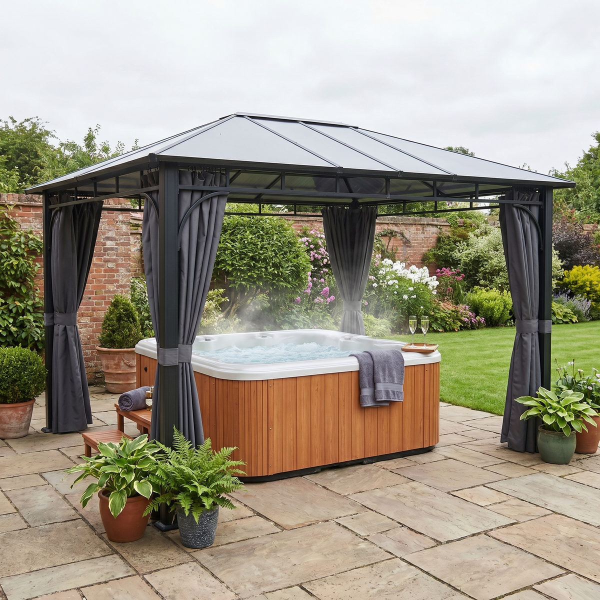 3m x 4m Hardtop Gazebo with 6mm Polycarbonate Roof, Aluminium Permanent Garden Pavilion with Curtains, Dark Grey Outdoor Patio Canopy for Sun, Rain & Privacy