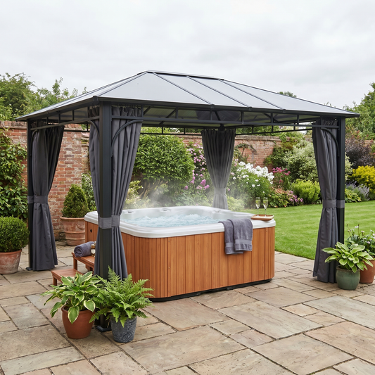 3m x 4m Hardtop Gazebo with 6mm Polycarbonate Roof, Aluminium Permanent Garden Pavilion with Curtains, Dark Grey Outdoor Patio Canopy for Sun, Rain & Privacy