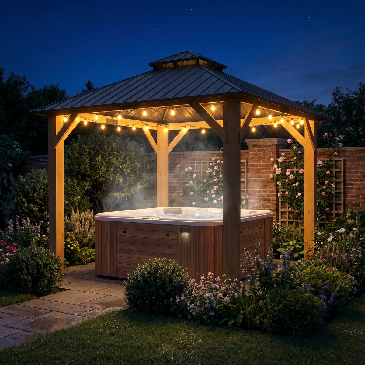 3m x 3m Wooden Frame Hardtop Gazebo with 2 – Tier Galvanised Steel Roof, Aluminium Posts & Grey Outdoor Patio Canopy Shelter
