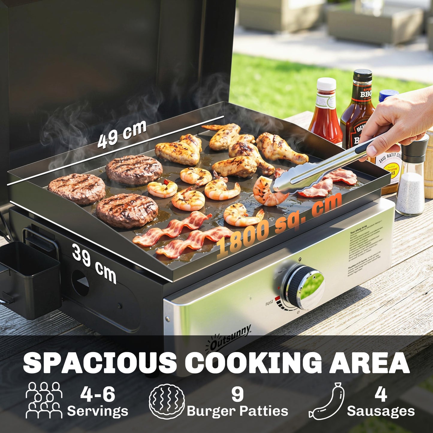 Outsunny Grill Griddle, Portable Gas Plancha, 3.5 kW, Tabletop Gas BBQ with Grease Cup for Camping Picnic Patios, Black