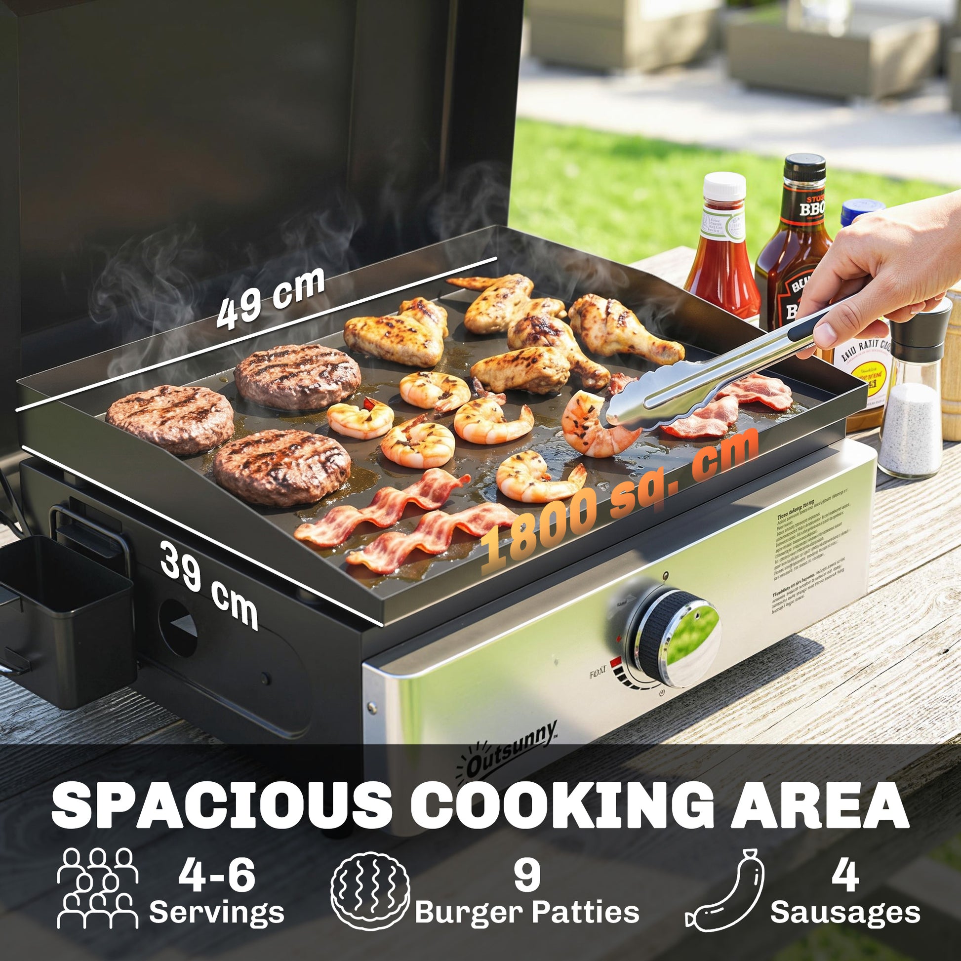 Outsunny Grill Griddle, Portable Gas Plancha, 3.5 kW, Tabletop Gas BBQ with Grease Cup for Camping Picnic Patios, Black