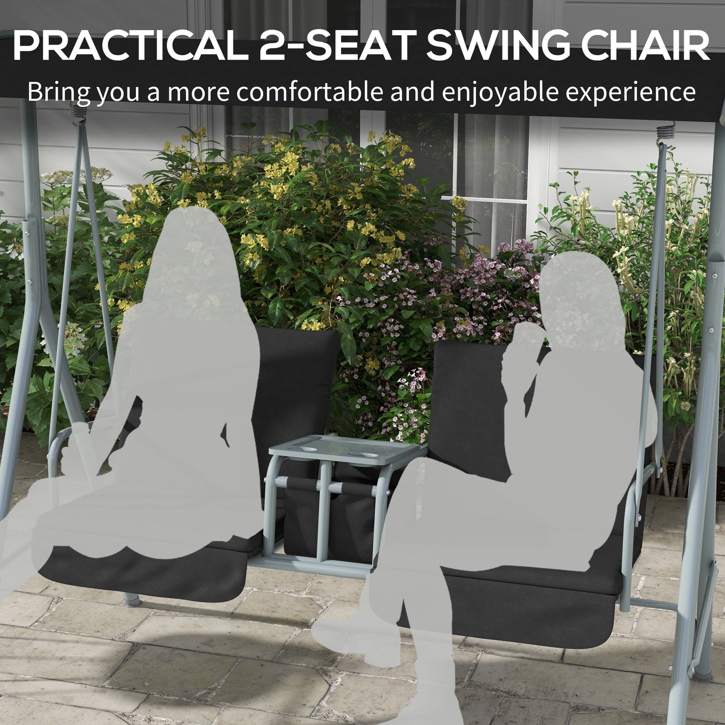 Outsunny 2 Seater Garden Swing Chair, Patio Swing Seat w/ Tilting Canopy, Double Padded Seats, Storage Bag and Tray For Garden Balcony Terrace Patio, Black