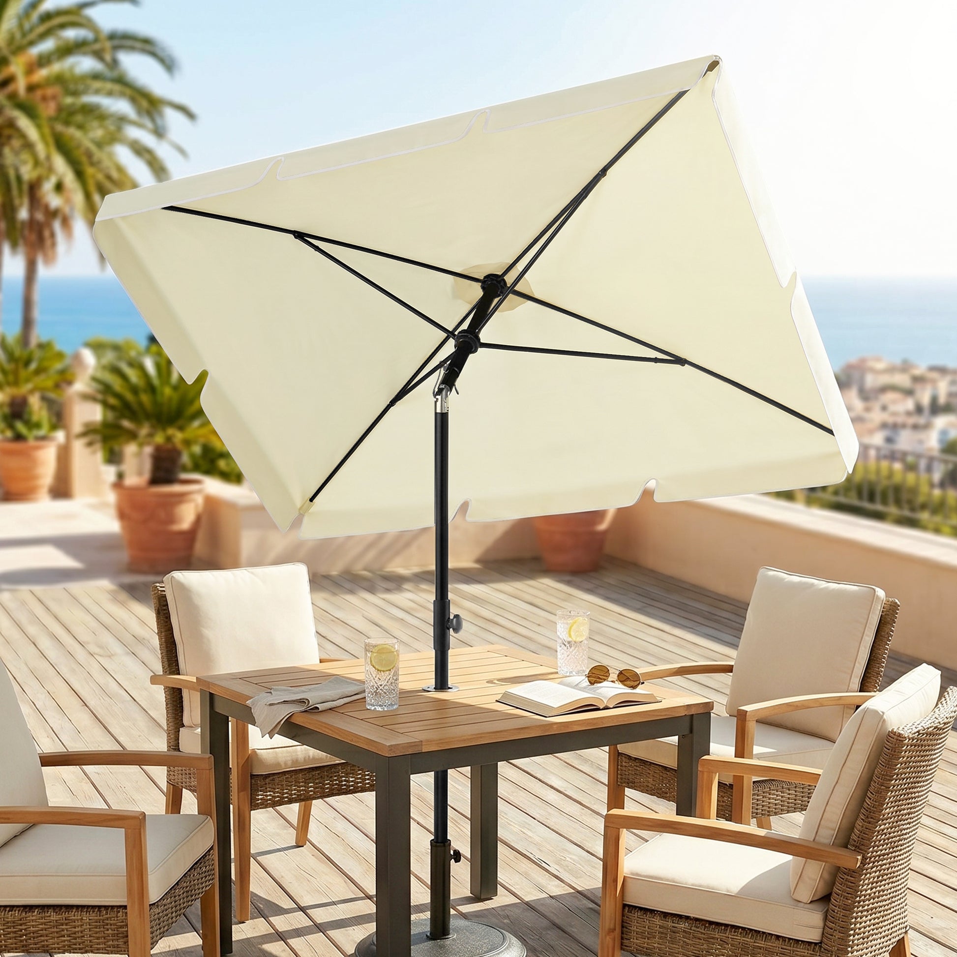 Outsunny 2 x 1.3m Garden Parasol Umbrella, Outdoor Market Table Umbrella with Ruffles & Aluminium Pole, Rectangular Tilting Parasol Sun Shade Canopy, Cream White