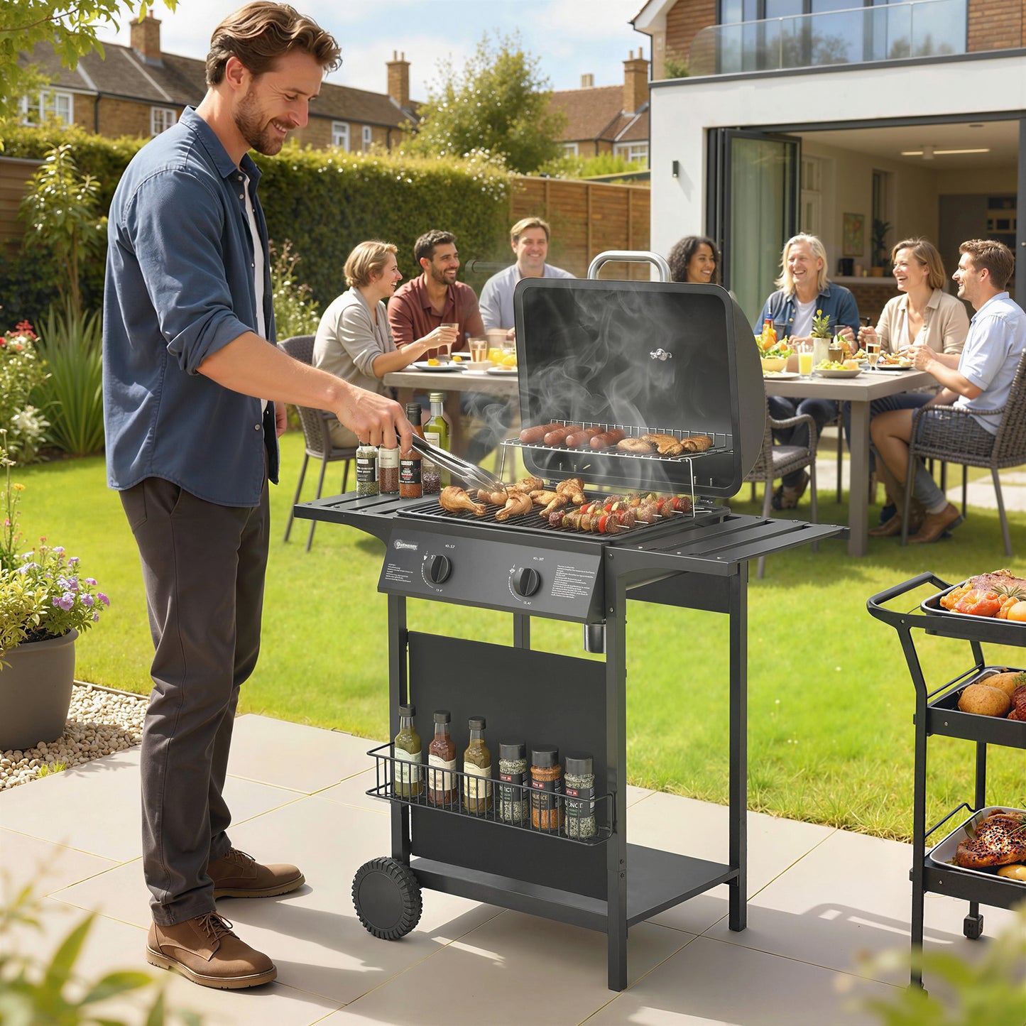 Mediterraneo Gas Burner BBQ, 2 Burner Gas Grill with Side Tables, Warming Rack, Shelf, Thermometer
