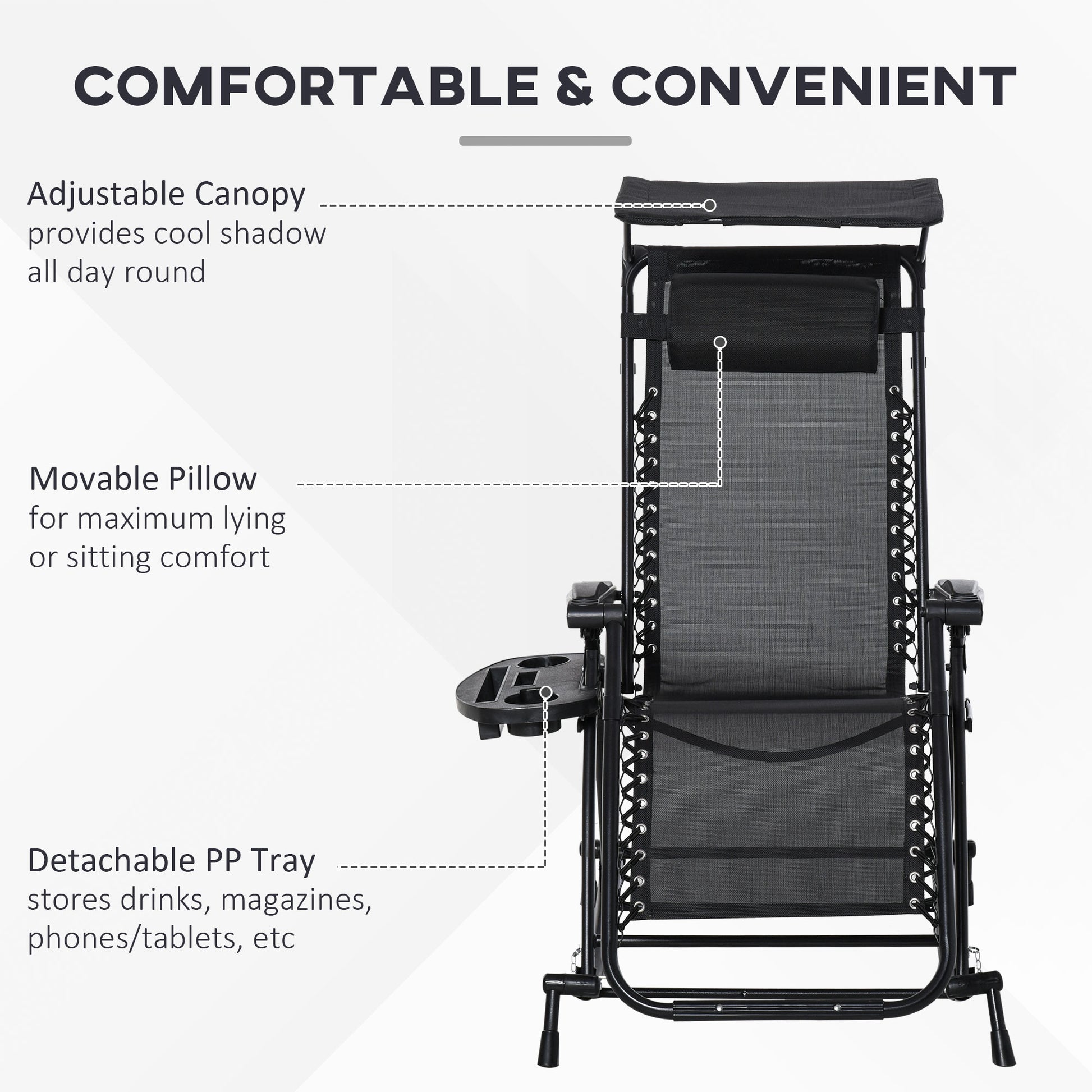 Outsunny Garden Rocking Chair Folding Recliner Outdoor Adjustable Sun Lounger Rocker Zero-Gravity Seat with Headrest Side Holder Patio Deck - Black