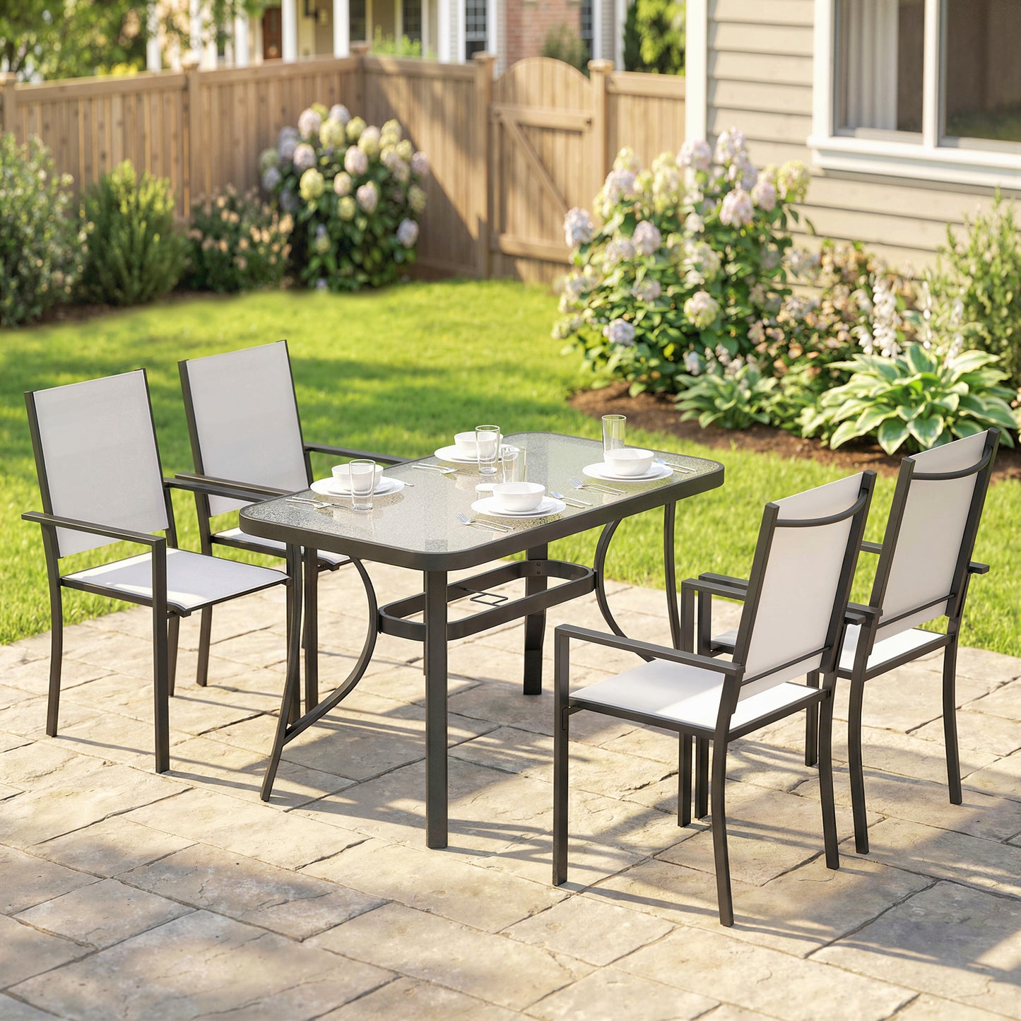Amalfi Garden Dining Set for 4 with Umbrella Hole, Stackable Chairs and Rectangular Glass-Top Garden Table
