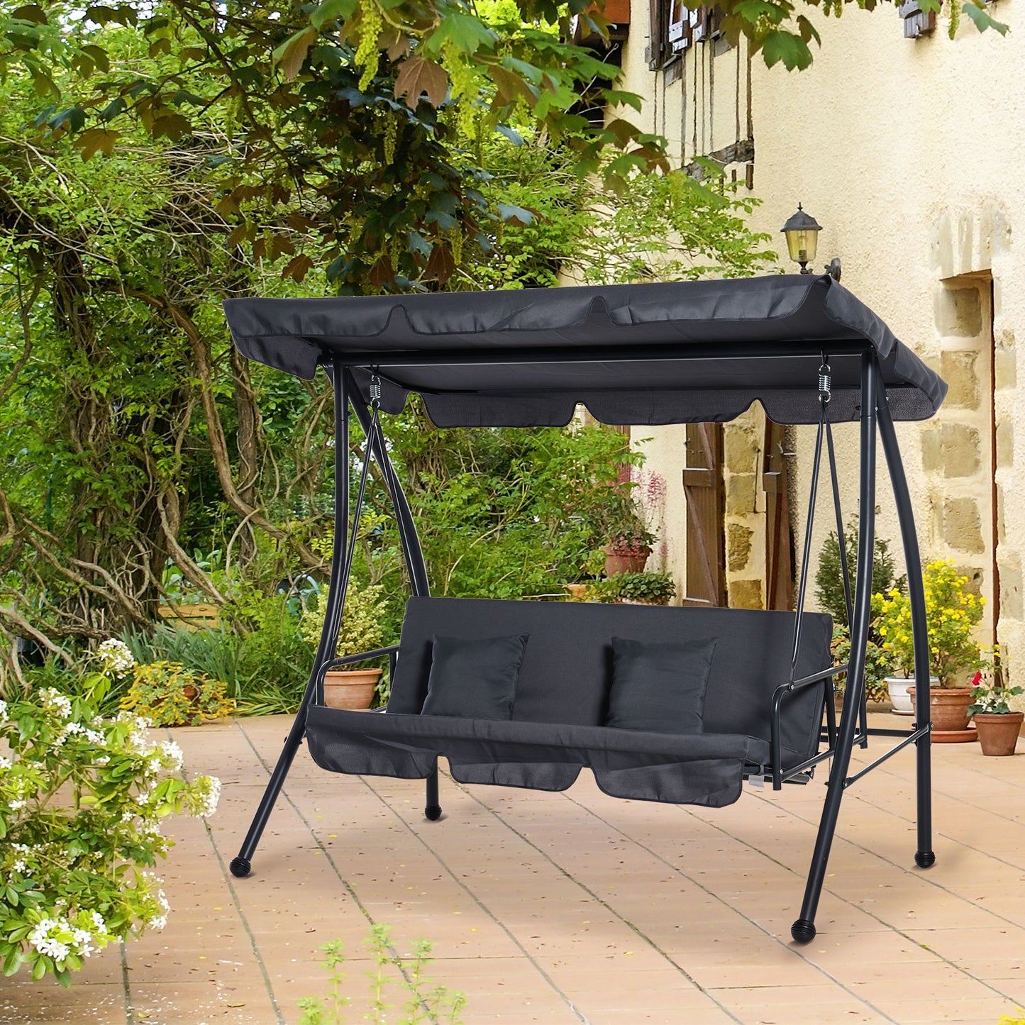 Amalfi Outdoor 2-in-1 Swing Chair Lounger 3 Seater Garden Swing Seat Bed Convertible Tilt Canopy W/ Cushion