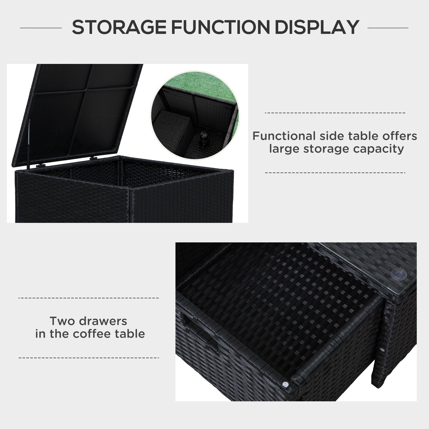 Outsunny 4 Seater Rattan Garden Furniture Set with Storage Box, 2 Drawers Coffee Table, Black