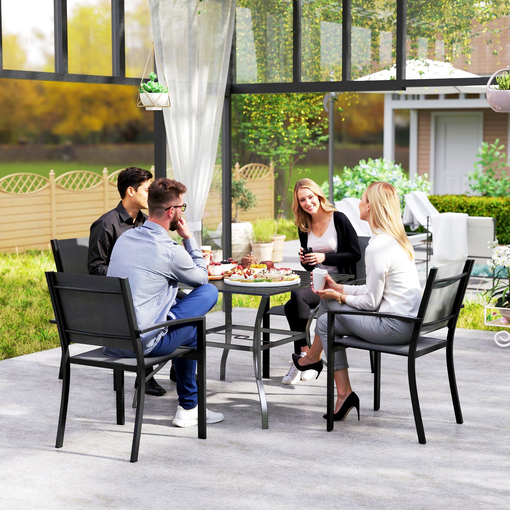 Outsunny 94 x 94 cm Garden Table with Parasol Hole, Outdoor Dining Garden Table for Four with Slatted Metal Plate Top, Dark Grey