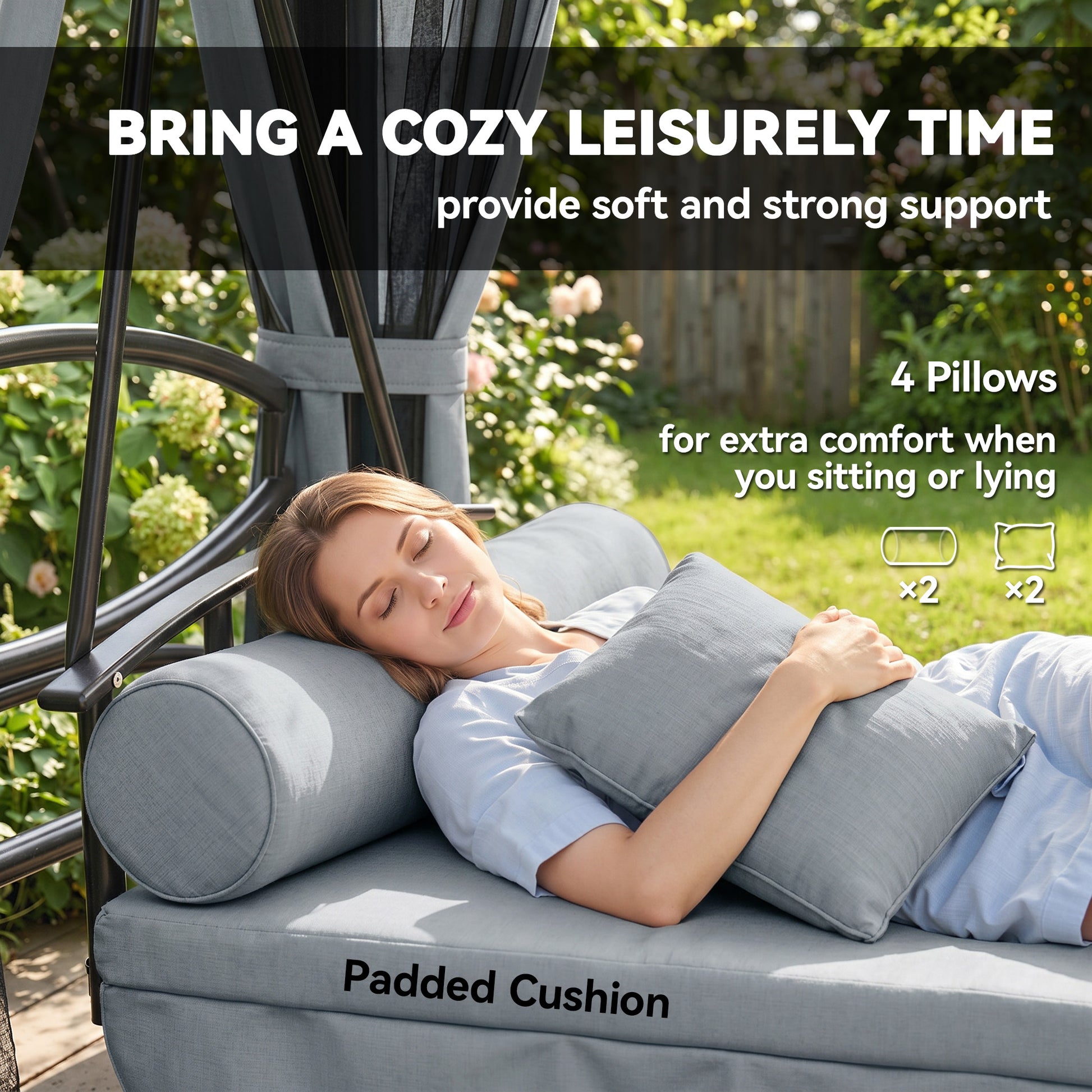 Outsunny 3 Seater Swing Chair 3-in-1 Convertible Garden Swing Seat Bed Gazebo Patio Bench Outdoor with Double Tier Canopy, Cushioned Seat, Mesh Sidewalls, Grey