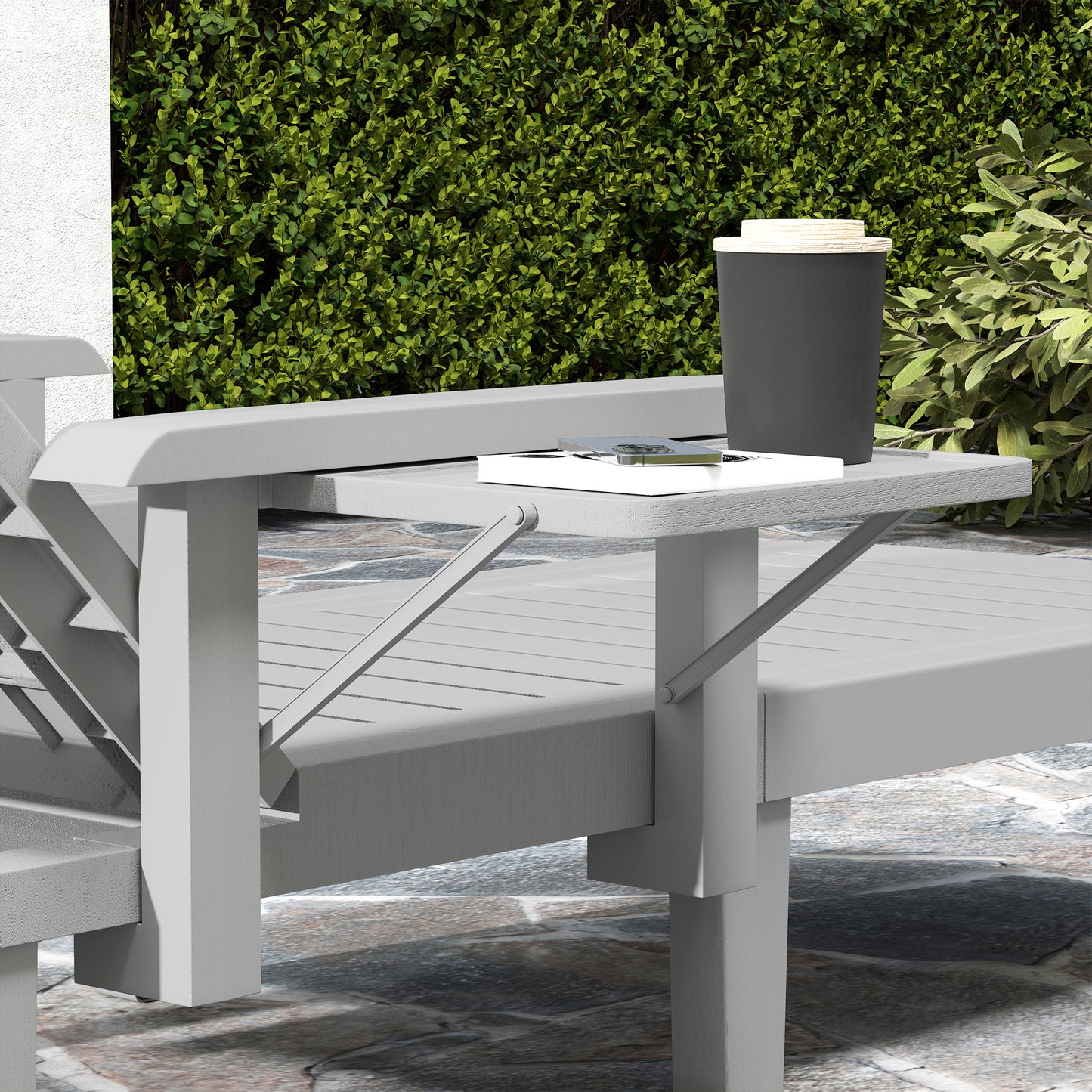Outsunny Set of 2 Resin Reclining Sun Loungers for Garden, 5 Positions Adjustable Outdoor Chaise Lounge Chairs with Wood Texture Surface, Armrests, Foldable Side Table for Garden, Beach, Light Grey