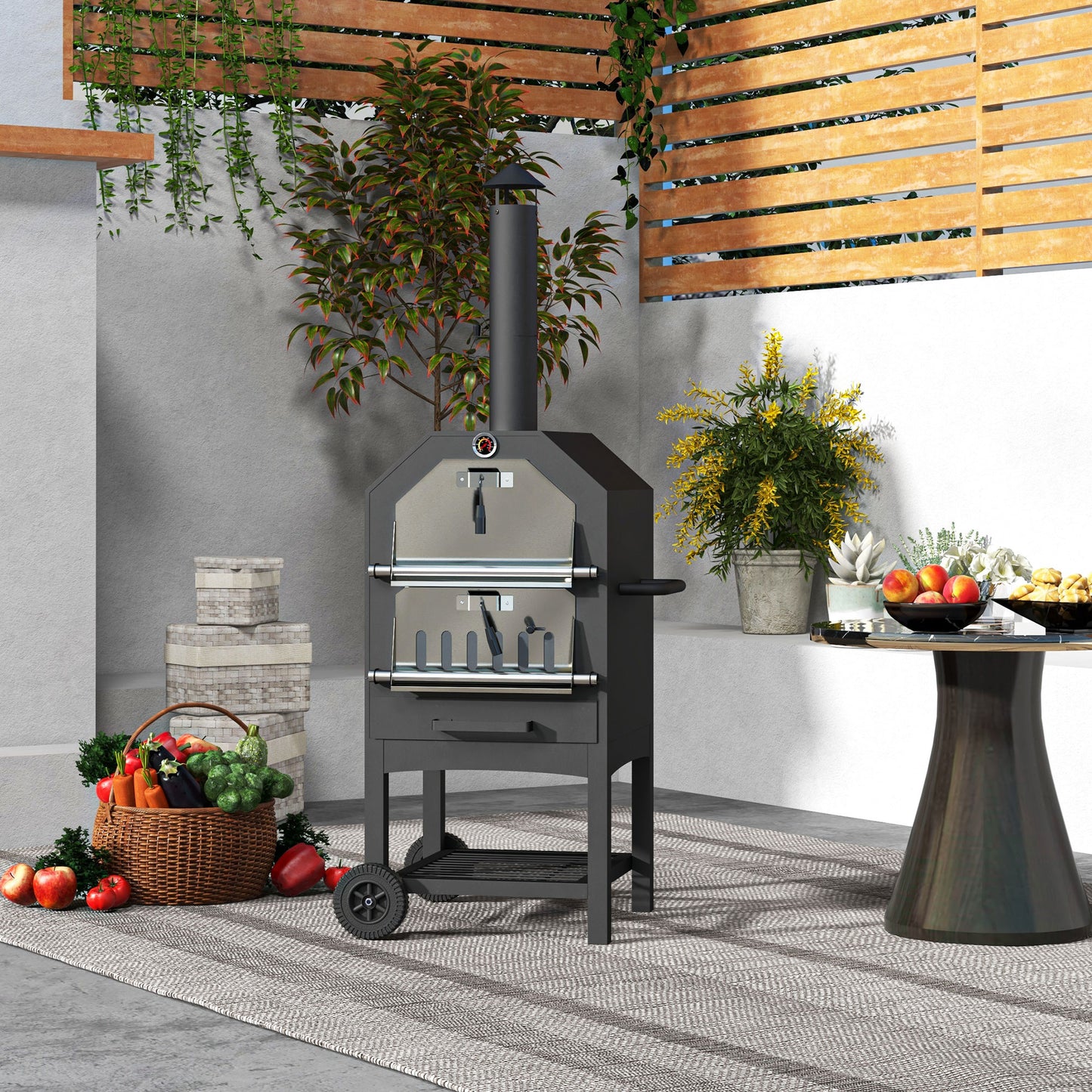 Steel 3-Tier Outdoor Pizza Oven Charcoal BBQ, Black