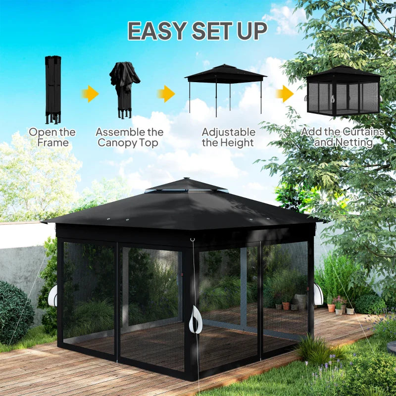 3m x 3m Pop Up Gazebo with Solar LED Lights – Black Outdoor Party Tent with Adjustable Height & Insect Netting