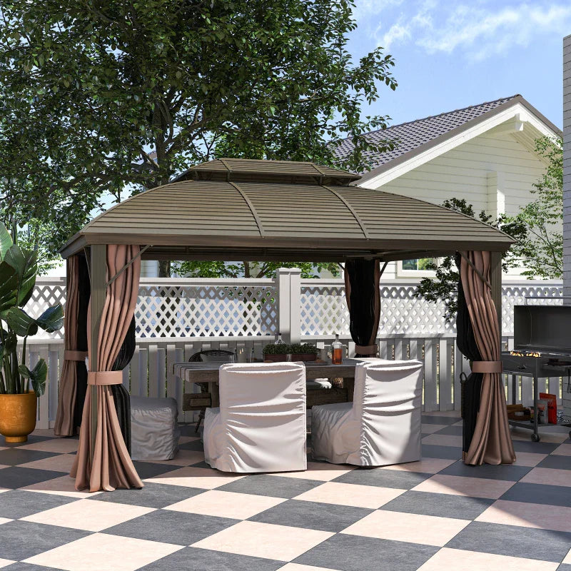 3.65m x 3m Coffee Hardtop Garden Gazebo with Steel Roof, Aluminium Frame, Double – Tier Canopy, Curtains & Mesh Sidewalls – Luxury Outdoor Pavilion...