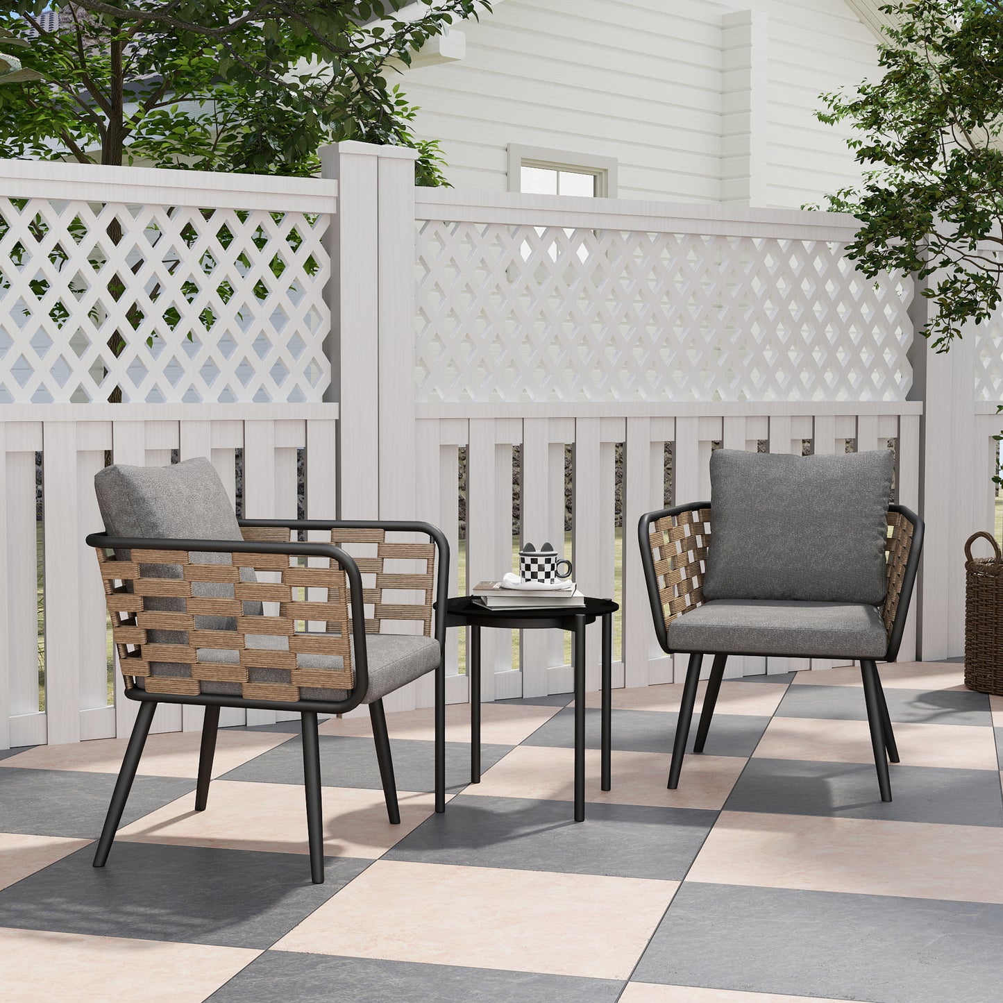 Verona 3 Piece Rattan Bistro Set with Washable Seat and Back Cushions, Glass Top Coffee Table, Patio, Black
