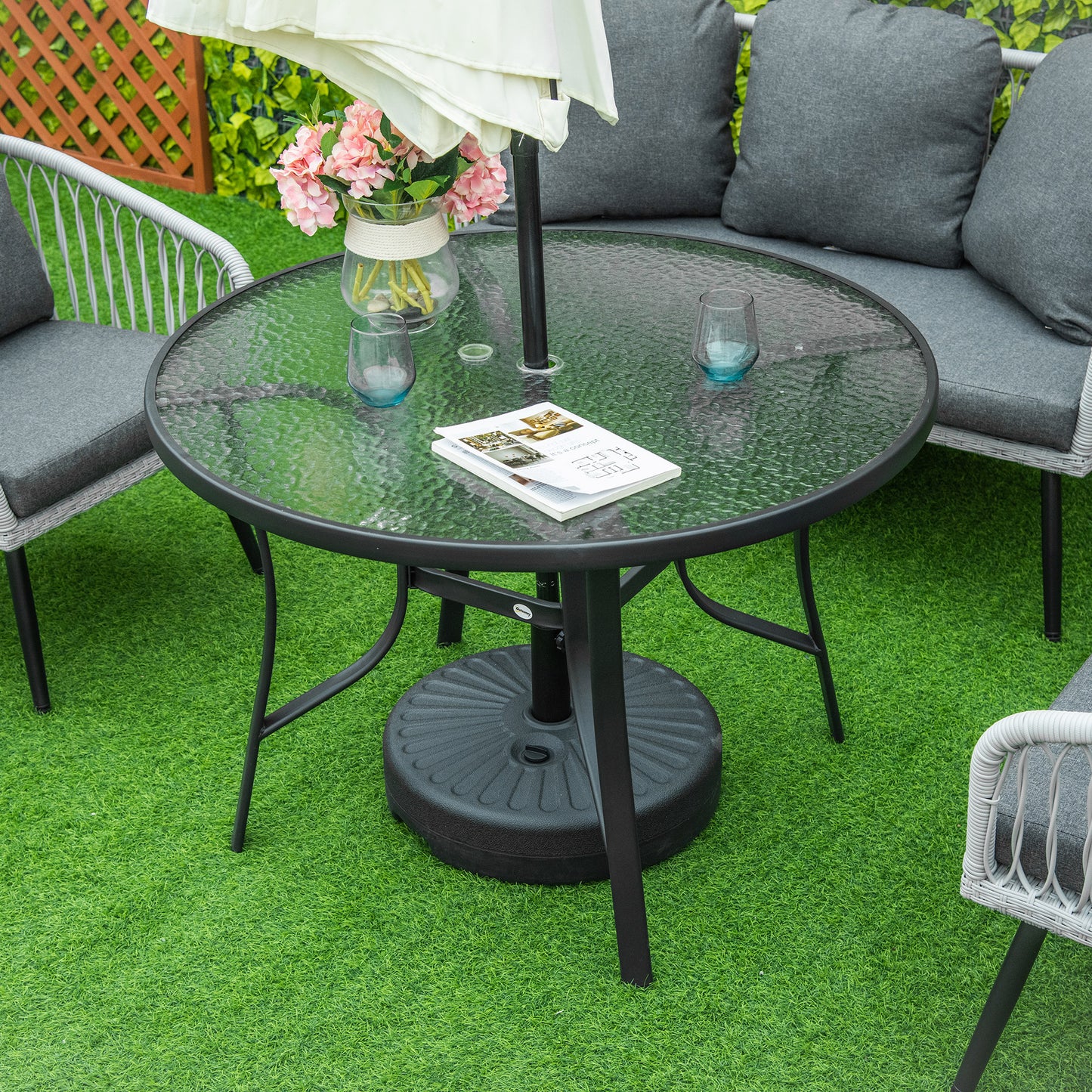 Portofino 106cm Round Garden Dining Table with Parasol Hole, Tempered Glass Top, Steel Frame