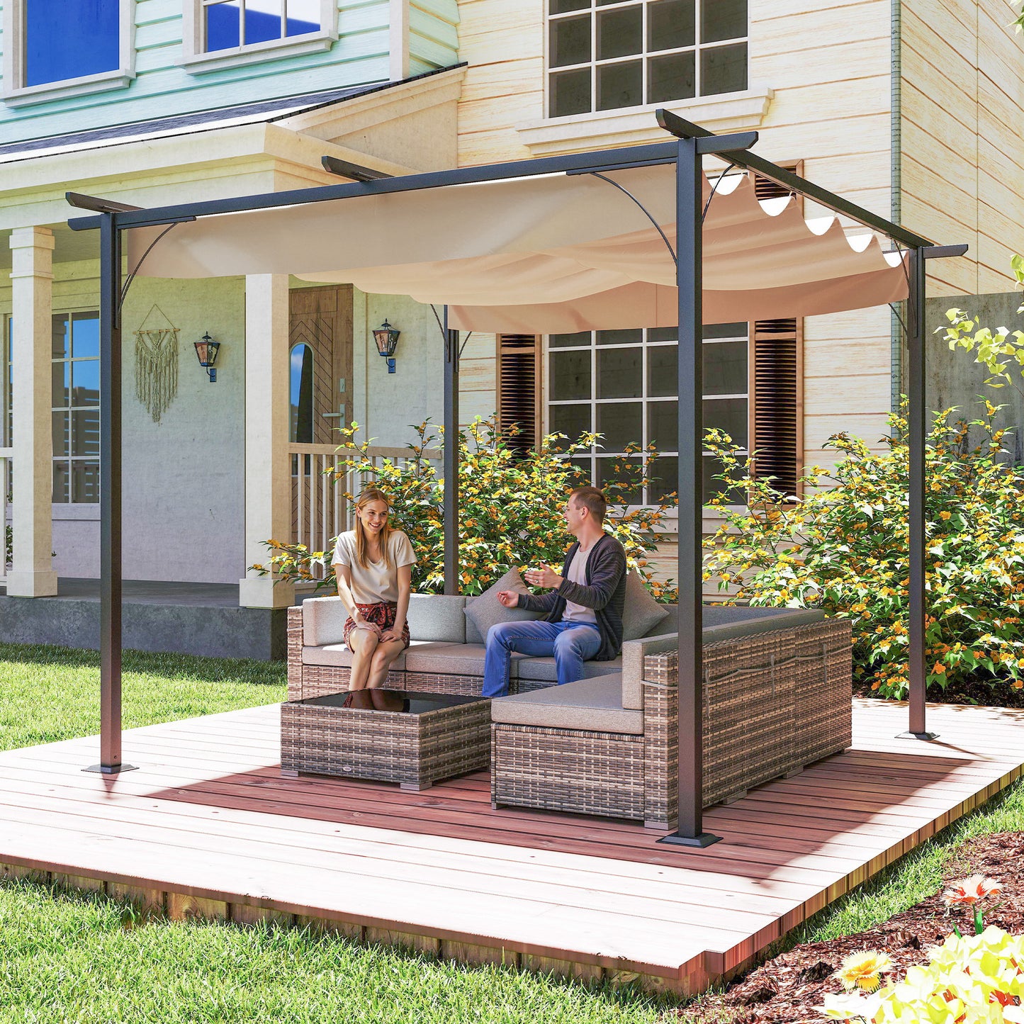 Outsunny 3 x 3(m) Metal Pergola with Retractable Roof, Garden Gazebo Metal Pergola Canopy for Party BBQ, Beige