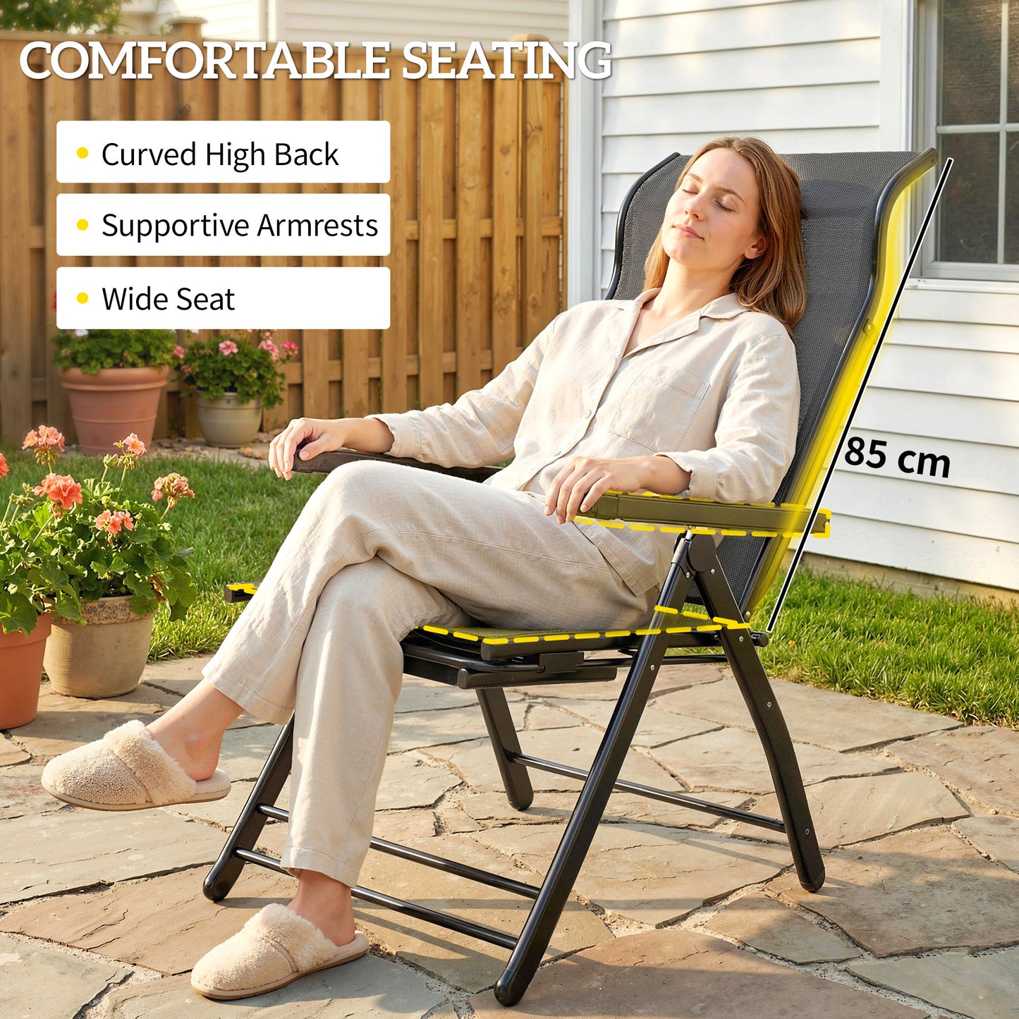 Outsunny Reclining Garden Chairs Set of 2 with High Back, Retractable Footrest, Dark Grey