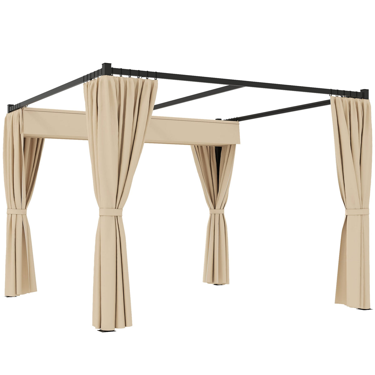 3m x 3m Retractable Metal Pergola with Curtains – Outdoor Patio & Deck Shelter, Adjustable Canopy Shade for BBQ & Grill Area, Beige