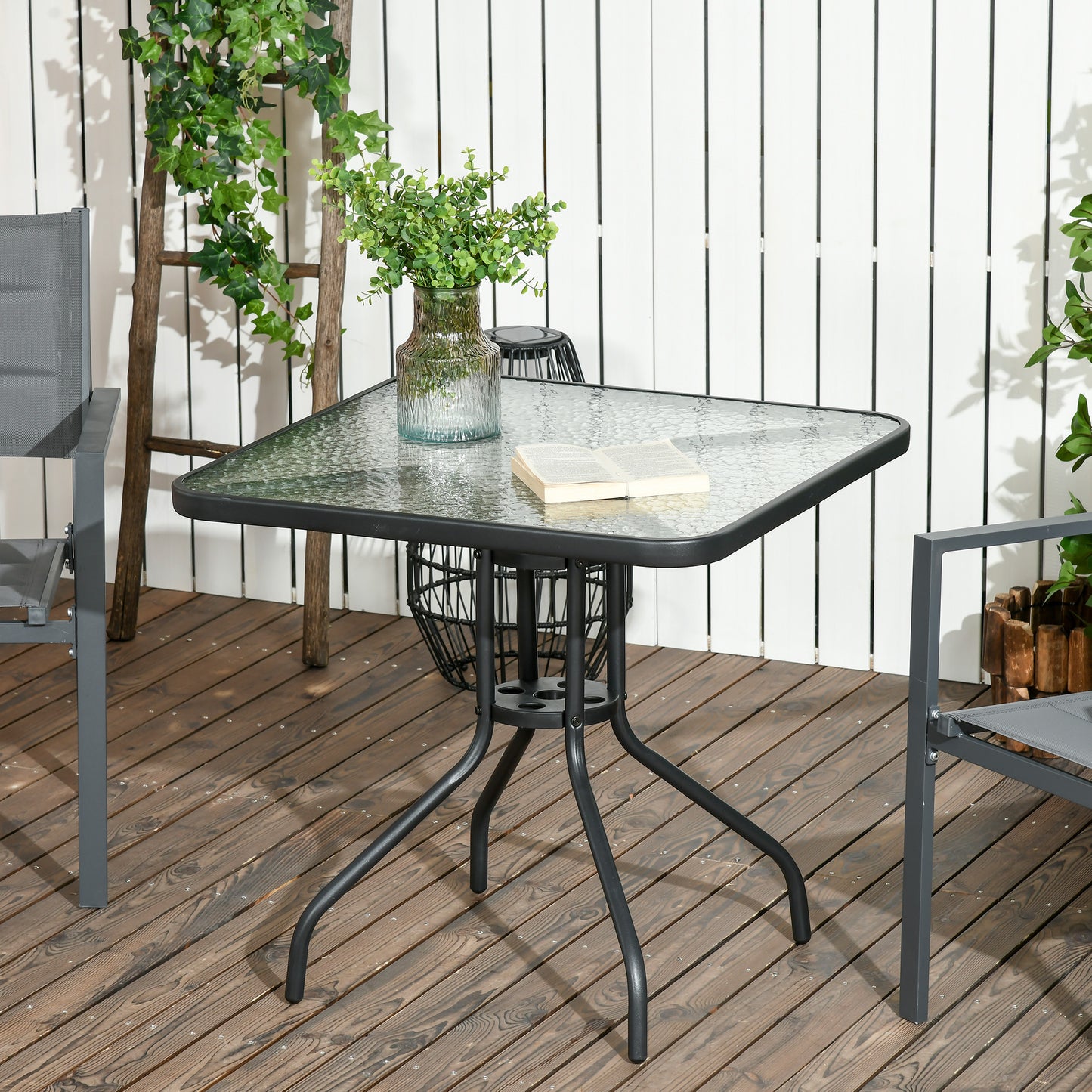 Capri Square Garden Dining Table with Tempered Glass Top & Umbrella Hole, 76 x 76 cm