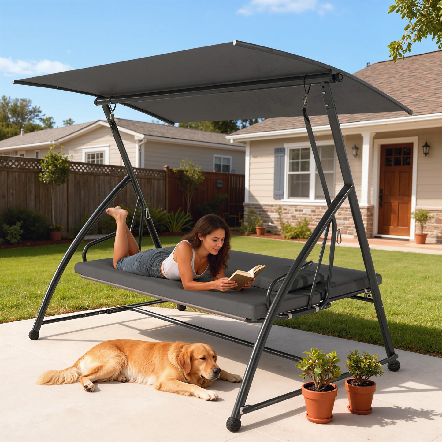 Ibiza Outdoor 2-in-1 Swing Chair Lounger 3 Seater Garden Swing Seat Bed Convertible Tilt Canopy W/ Cushion