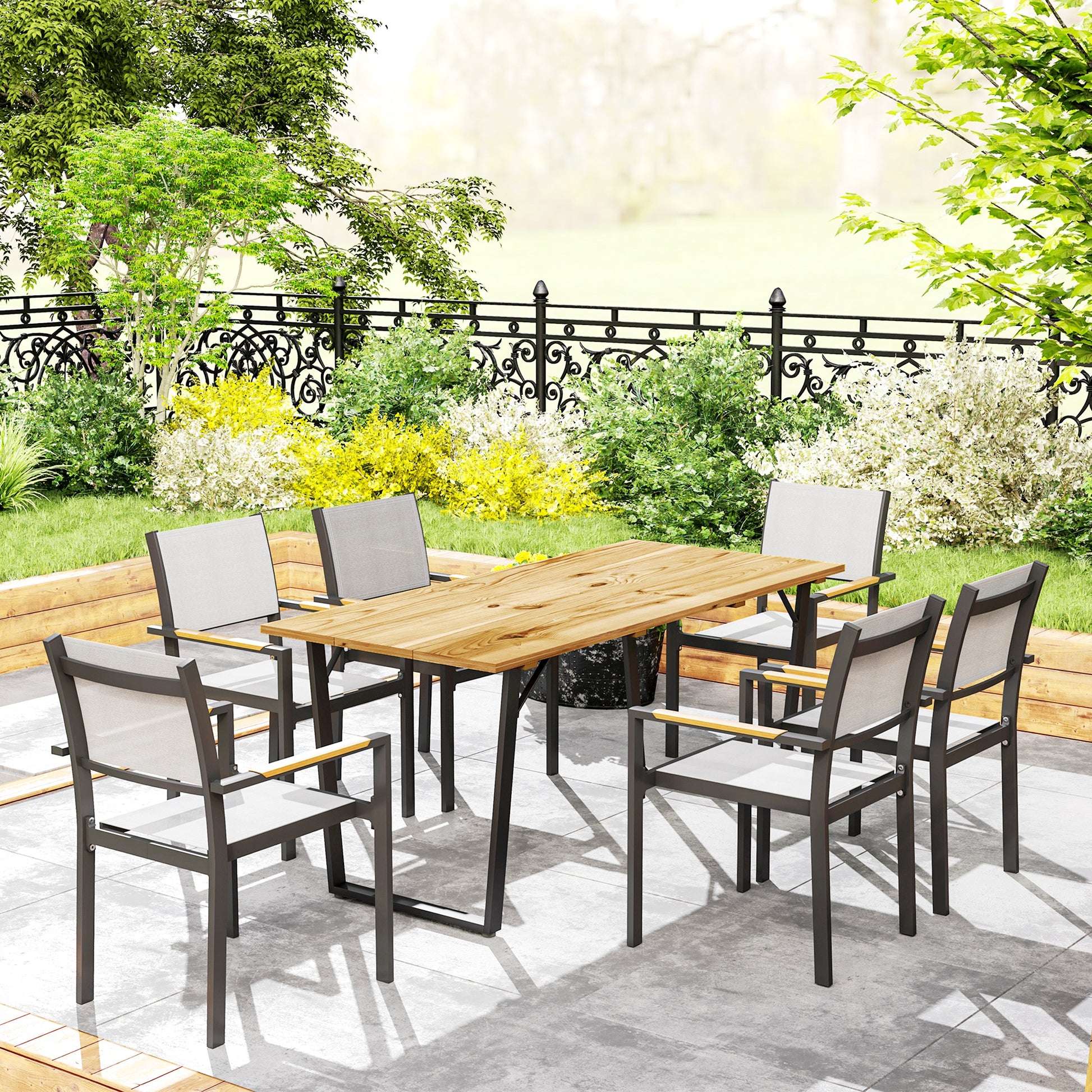 Outsunny 6 Seater Wooden Garden Dining Table, 175 x 80 cm Rectangular Outdoor Dining Table with 5cm Parasol Hole and Slatted Top, Weather Resistant for Patio, Terrace, Brown