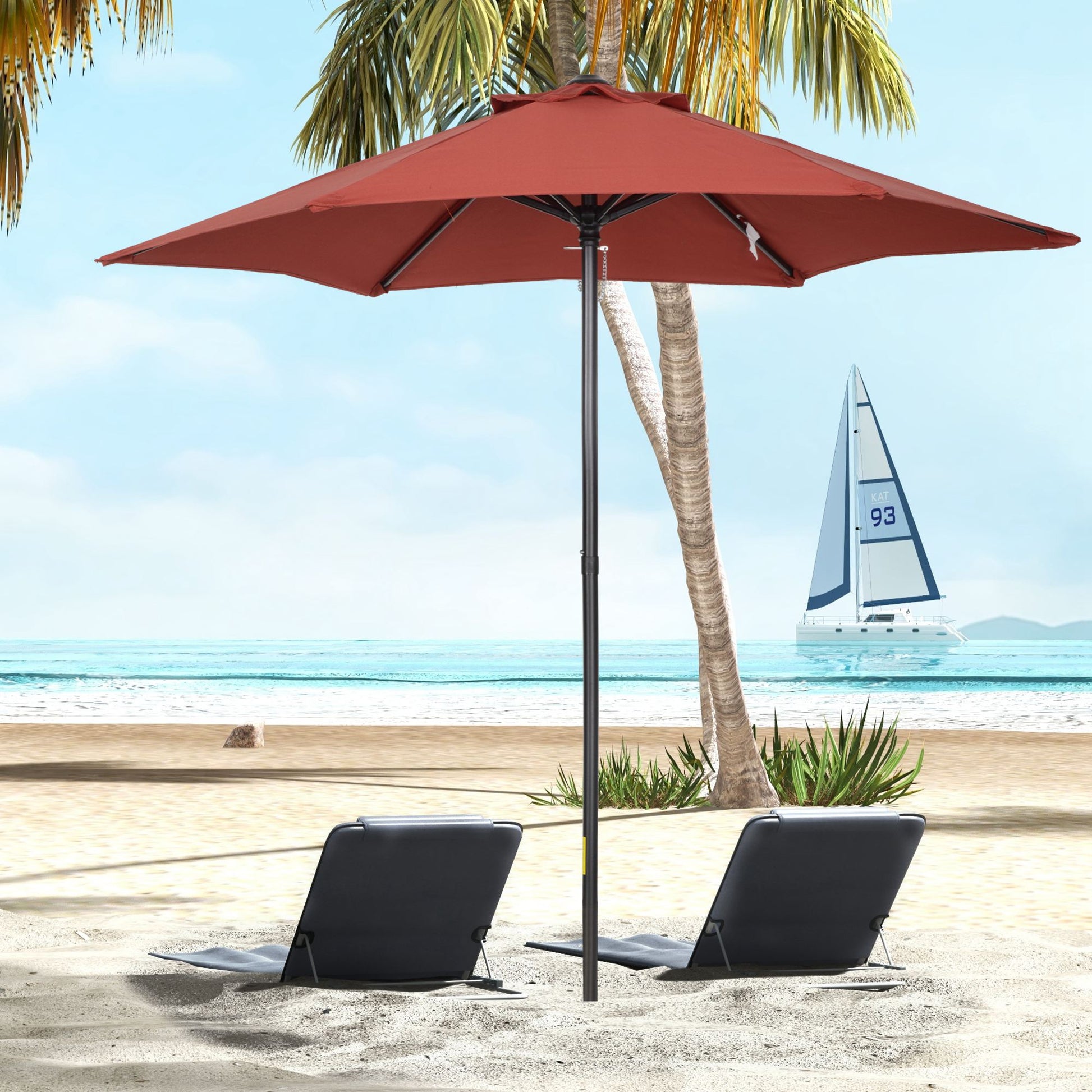 2m Garden Parasol Umbrella, Outdoor Sun Shade with 6 Sturdy Ribs for Balcony, Bench, Garden, Wine Red